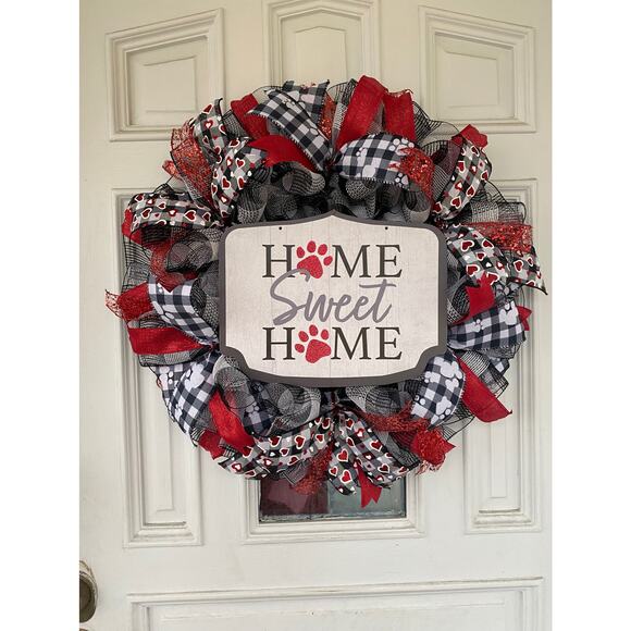 Home Sweet Home Paw Print Pet Dog Cat Mesh Wreath, Every Day Year Round Decor - Picture 1 of 8
